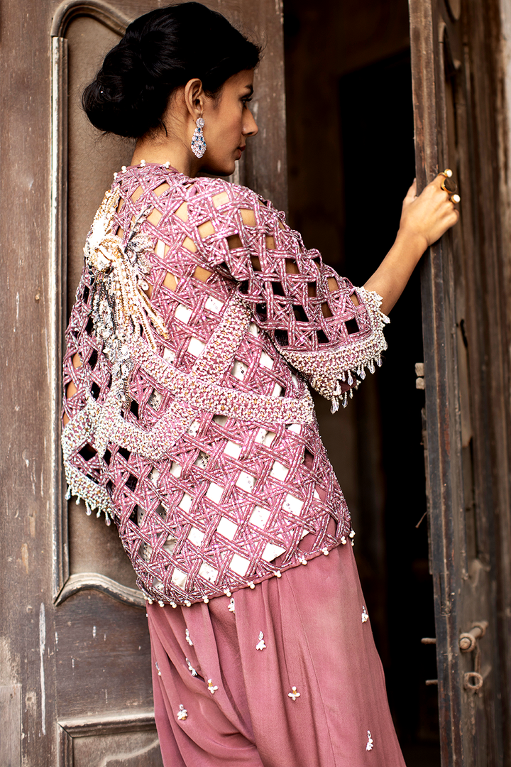 Pink-Jacket, Camisole And Tulip Shalwar